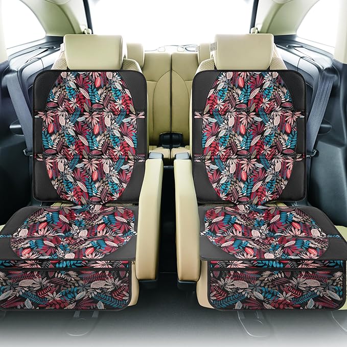 Car Seat Protector for Child Car Seat, 2 Pack Baby Car Seat Covers with Mesh Pockets & Non-Slip Backing 600D Durable Seat Protector Under Baby Car Seat for Car Back Seat (Red Leaves, Large)-BubblyBeeBaby