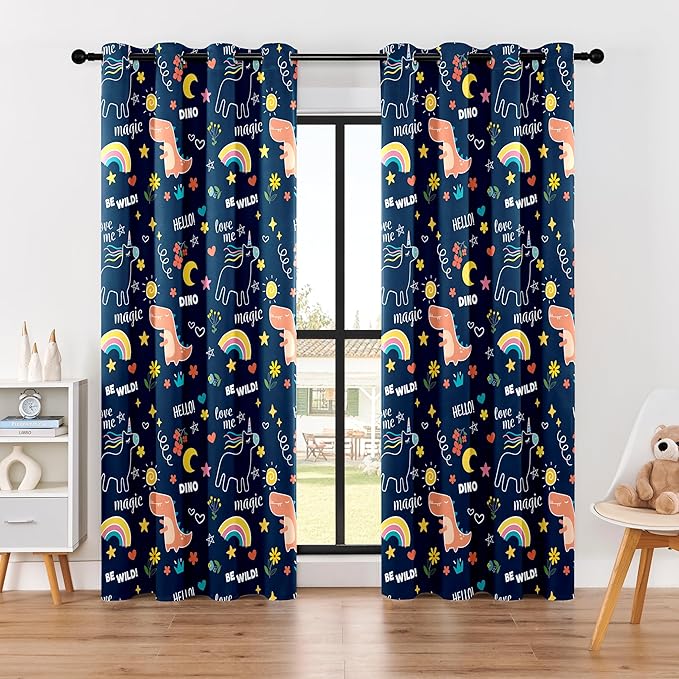 100% Blackout Curtains for Kids - Adorable Dinosaur & Unicorn Pattern, 2Panels, Each W52xL84, Thermal Insulated Noise-Reducing Drapes for Nursery, Bedroom, Playroom - Fun & Colorful Design-BubblyBeeBaby