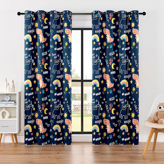 100% Blackout Curtains for Kids - Adorable Dinosaur & Unicorn Pattern, 2Panels, Each W52xL84, Thermal Insulated Noise-Reducing Drapes for Nursery, Bedroom, Playroom - Fun & Colorful Design-BubblyBeeBaby