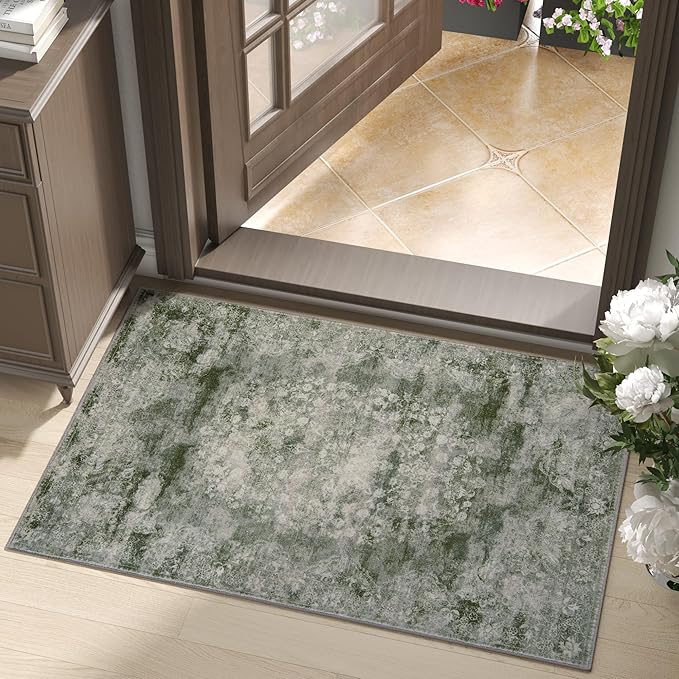 jinchan Green Floral 2x3 Rugs for Entryway - Vintage Washable Area Rug Ultra-Thin Low-Pile Soft Small Non-Slip Distressed Doormat for Entrance Kitchen Bedroom Bathroom (2x3ft,Forest Green)-BubblyBeeBaby