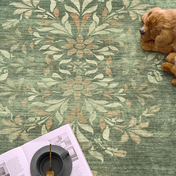 jinchan Round Rug 7ft Area Rugs,Vintage Floral Distressed Design Machine Washable Soft Non-Slip Low-Pile Ultra-Thin Circle Rug for Living Room Dining Room Bedroom Home Office (7' Round,Dark Green)-BubblyBeeBaby