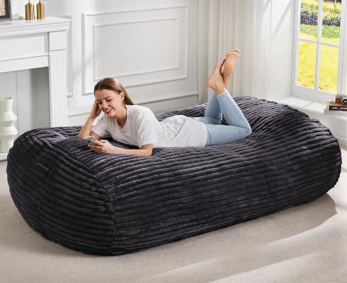 Hobestluk 6FT Bean Bag Chairs Adult Bean Bag with Portable Handle Comfy Large Bean Bag Lounge Chair with Removable Cover for Living Room Bedroom (Stripe Dark Grey, 6FT)-BubblyBeeBaby