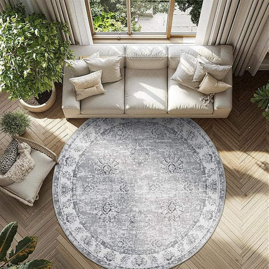 jinchan Round Rug 8ft Area Rug - Grey Vintage Floor Mat Kitchen Indoor Ultra-Thin Soft Floral Print - Washable Circle 8' Retro Accent for Farmhouse Non Slip Dining Room Living Room Bedroom Office-BubblyBeeBaby