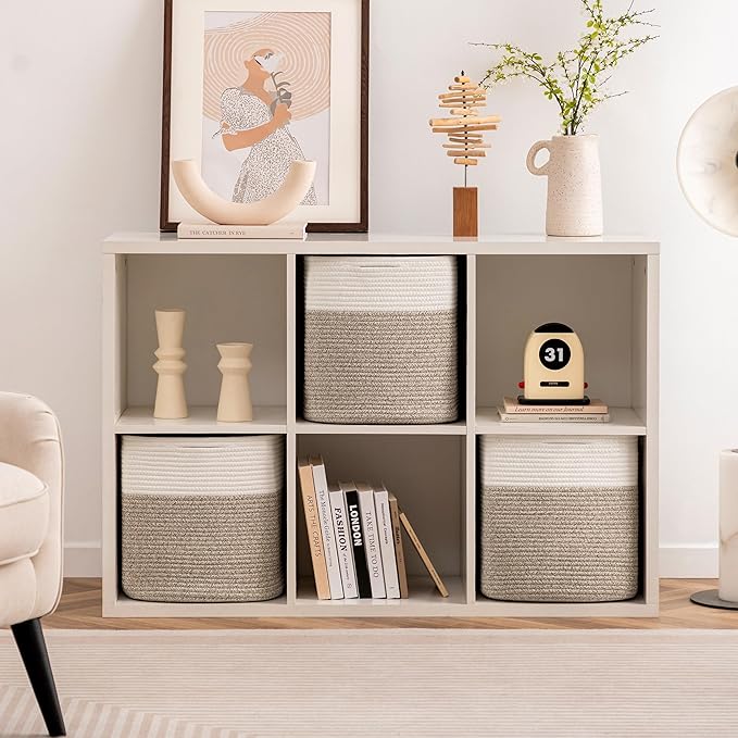 joybest Cube Storage Bins Set of 4, 13inch Cube Baskets Organizer for Nursery, Square Cotton Rope Baskets for Shelves Organizing, Kids Toy, Closet Storage, Brown and Cream White-BubblyBeeBaby