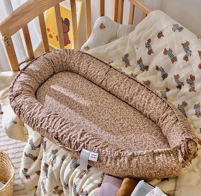 Infant Lounger, Baby Nest Cover for Baby Girls & Boys, Newborn Essentials for Baby 0-18+ Months, 100% Cotton Breathable (Brown Blossom_, Cotton_Muslin)-BubblyBeeBaby