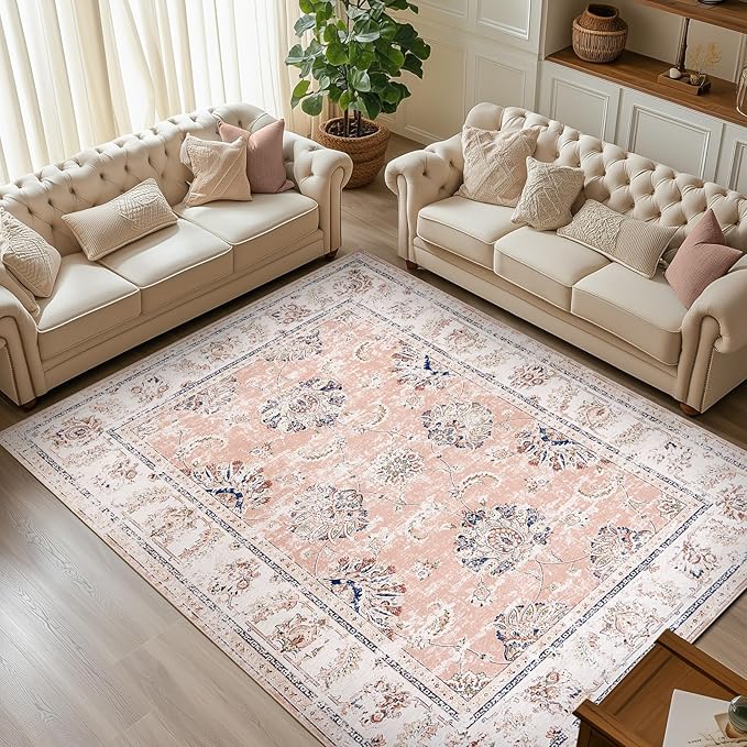 jinchan 6x9 Area Rugs for Living Room - Machine Washable Vintage Floral Distressed Design Stain Resistant Boho Carpet Ultra-Thin Low Pile Non-Slip for Bedroom Dining Room Office (6‘x9',Pink)-BubblyBeeBaby