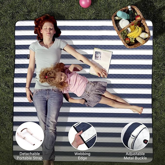 HX&OD Outdoor Picnic Blanket Extra Large, 80”x80” Waterproof Picnic Mat Foldable Camping Blanket Portable with Carry Strap for Beach Mat (Bule)-BubblyBeeBaby