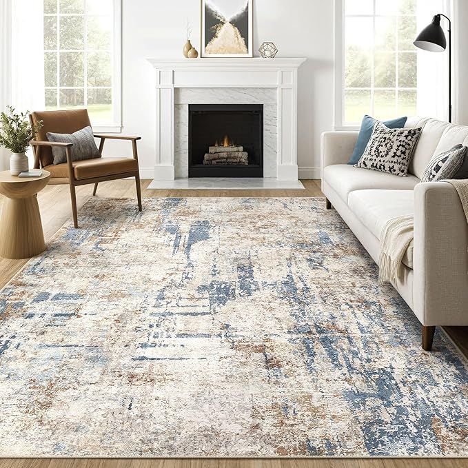 10x12 Area Rug Living Room: Washable Large Abstract Modern Soft Rugs Stain Resistant Indoor Floor Non Slip Accent Carpet for Bedroom Nursery Playroom Office Dining Room Dorm Home House- Tan Blue-BubblyBeeBaby
