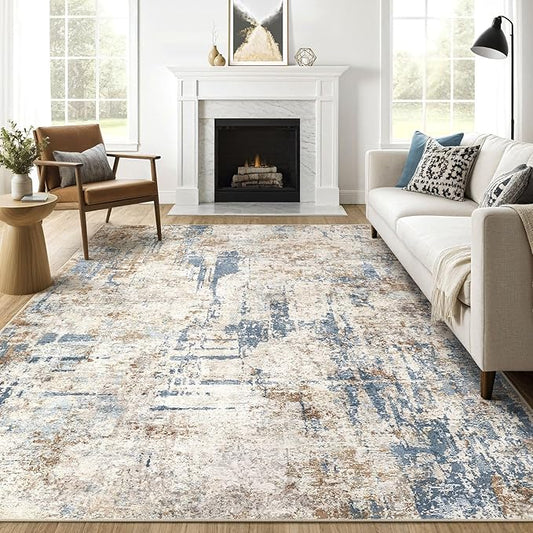 10x12 Area Rug Living Room: Washable Large Abstract Modern Soft Rugs Stain Resistant Indoor Floor Non Slip Accent Carpet for Bedroom Nursery Playroom Office Dining Room Dorm Home House- Tan Blue-BubblyBeeBaby
