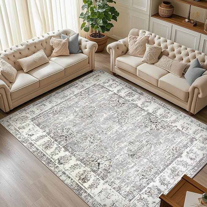 jinchan Vintage Floral 6x9 Area Rugs for Living Room - Machine Washable Distressed Design Stain Resistant Boho Carpet Ultra-Thin Low Pile Non-Slip Rug for Bedroom Dining Room Home Office (6‘x9',Grey)-BubblyBeeBaby