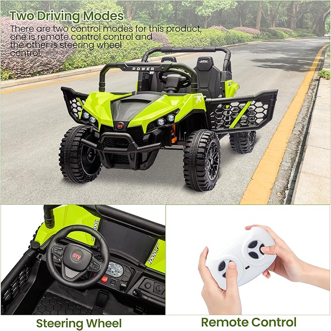 24V 2 Seater Ride On Car Truck, Power Wheels Kids UTV w/Parent Remote Control, 3.1 MPH Max Speed, Music Player, LED Lights & Storage, Electric Vehicle Ride On Toy for Kids Toddler Ages 3-8, Green-BubblyBeeBaby