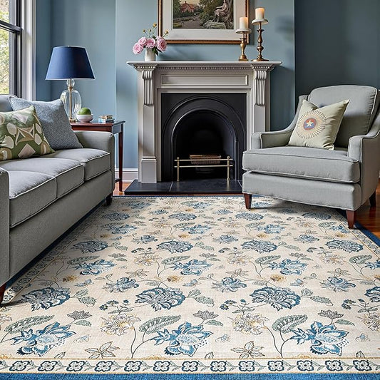 jinchan 8x10 Floral Rug for Living Room Washable Bedroom Rug Vintage Romance Design Non Slip Thin Indoor Floor Cover Large Low-Profile Throw Carpet for Dining Room Office, Blue/Beige-BubblyBeeBaby