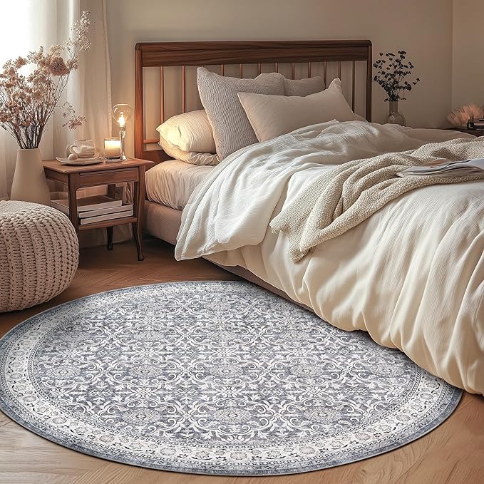 jinchan Round Rug 6ft Washable Circle Soft Rug - Low Pile Vintage 6'Round Indoor Grey Floral Print Stain Resistant Boho Carpet Ultra-Thin Non-Slip for Living Room Nursery Bedroom Dining Room Kitchen-BubblyBeeBaby