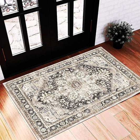2'x3' Black-Purple Khaki Area Rug Washable Door Mat Vintage Distressed Doormat Indoor Entrance Traditional Thin Floral Print Non Slip Carpet for Kitchen Bathroom Bedroom Living Room-BubblyBeeBaby