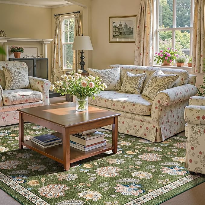 jinchan 8x10 Floral Rug for Living Room Washable Bedroom Rug Vintage Romance Design Non Slip Thin Indoor Floor Cover Large Low-Profile Throw Carpet for Dining Room Office, Green-BubblyBeeBaby