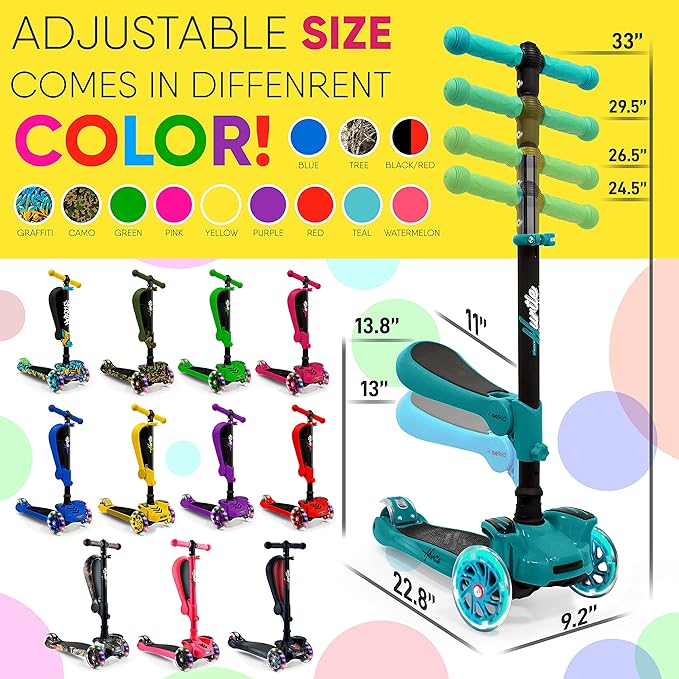 Hurtle 3-Wheeled Scooter for Kids - Wheel LED Lights, Adjustable Lean-to-Steer Handlebar, and Foldable Seat - Sit or Stand Ride with Brake for Boys and Girls Ages 1-14 Years Old-BubblyBeeBaby