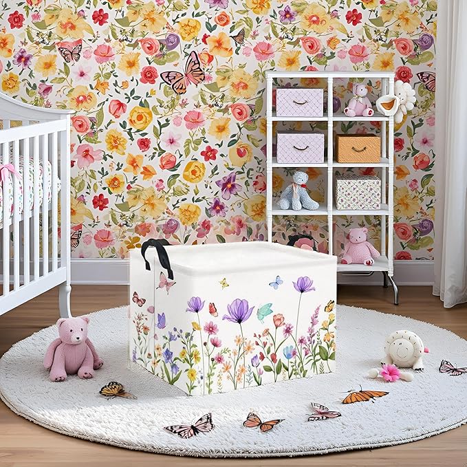 HIYAGON Rectangular Baby Girl Basket Kids Baby Storage Basket Toy Storage Bin Organizer Box Room Decor(Purple Flower)-BubblyBeeBaby
