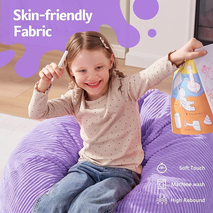 Homguava 2FT Bean Bag Chair,Teardrop Bean Bags Small Beanbag Chair with Memory Foam Filled and Ultra Soft Corduroy Cover for Living Room, Bedroom (Small,Purple)-BubblyBeeBaby