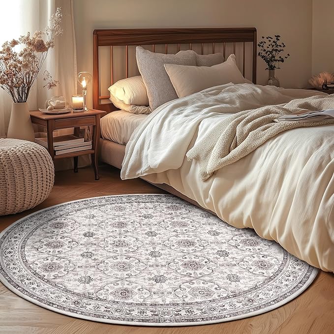 jinchan Round Rug 6ft Washable Circle Soft Rug - Low Pile Vintage 6'Round Indoor Beige Floral Print Stain Resistant Boho Carpet Ultra-Thin Non-Slip for Living Room Nursery Bedroom Dining Room Kitchen-BubblyBeeBaby