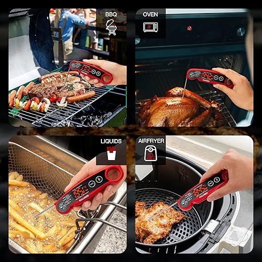 1-Second Rapid and Accurate Meat Thermometer - Waterproof Multifunctional Kitchen Food Thermometer, Ideal for Frying, Smoking, Grilling and More(Red)-BubblyBeeBaby