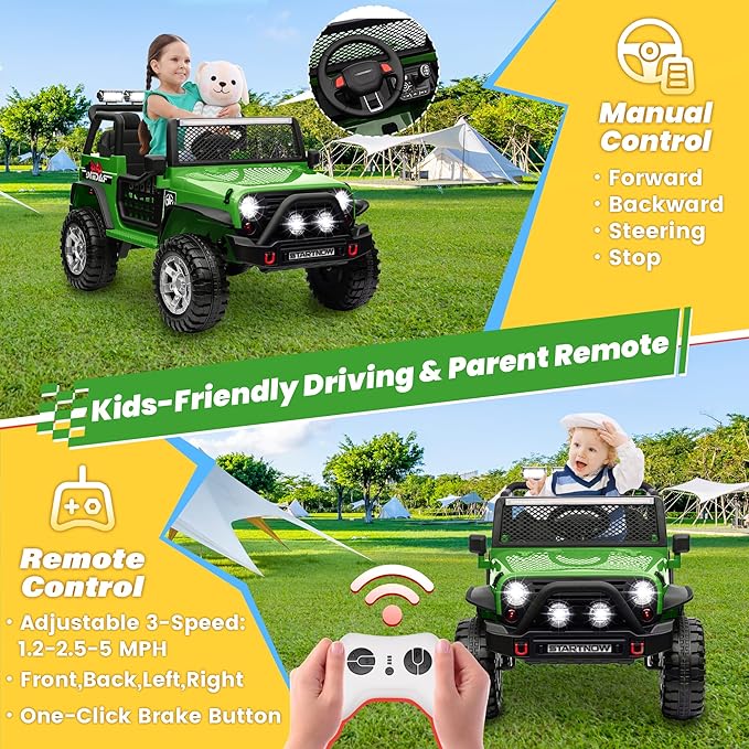 24V 4WD Ride on Truck Car w/800W Motors, Gift Flower, Remote Control, 2 Seaters, Light Bar, 3 Speeds, Pop Music, Power Four Wheels, 24 Volt Ride on Toy Car for Big Kids, Green-BubblyBeeBaby