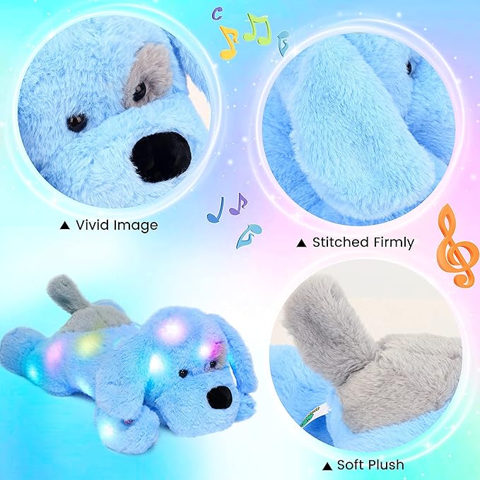 Hopearl LED Musical Stuffed Puppy Lighting Up Singing Plush Dog Adjustable Volume Lullaby Animated Soothe Birthday Festival for Kids Toddler Girls, Blue, 17''-BubblyBeeBaby