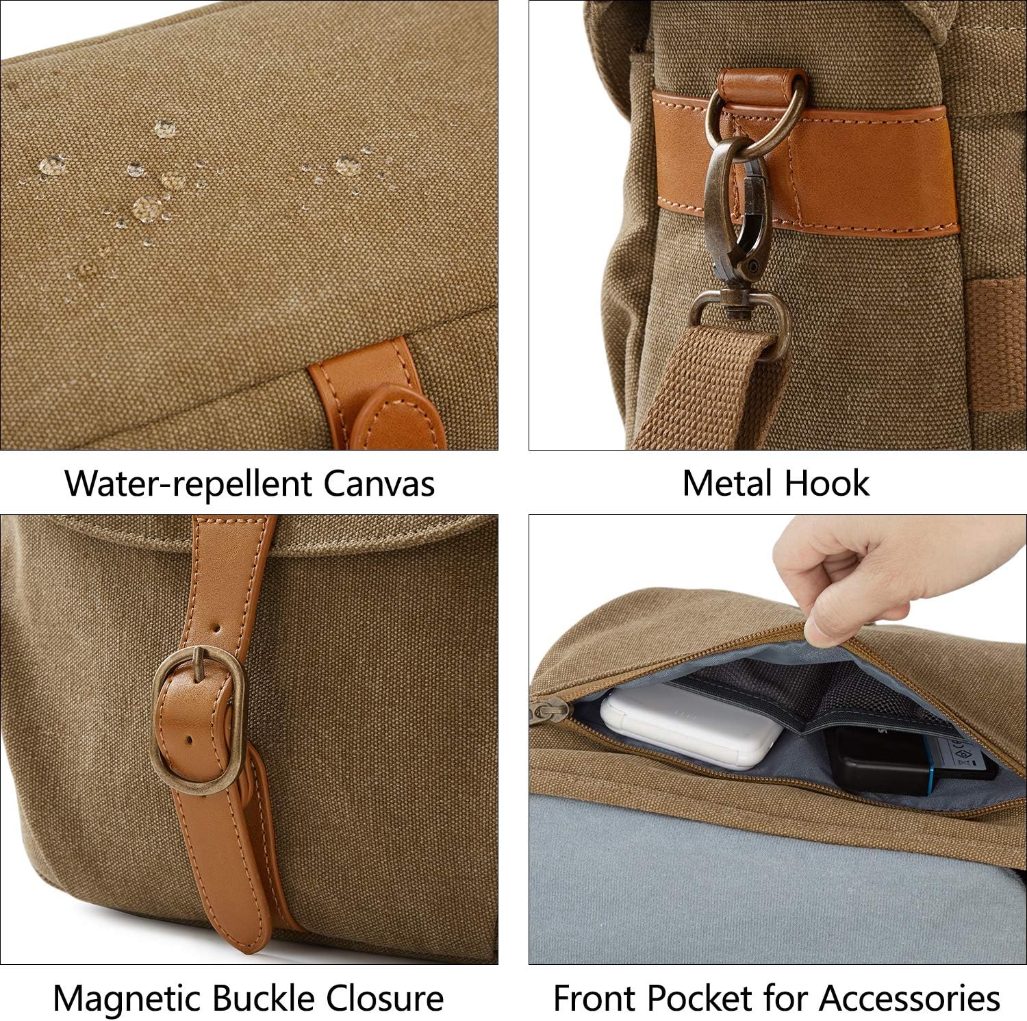 BAGSMART Camera Bag, SLR DSLR Canvas Crossbody Camera Case, Compact Camera Shoulder Bag with Rain Cover for Women and Men, Khaki