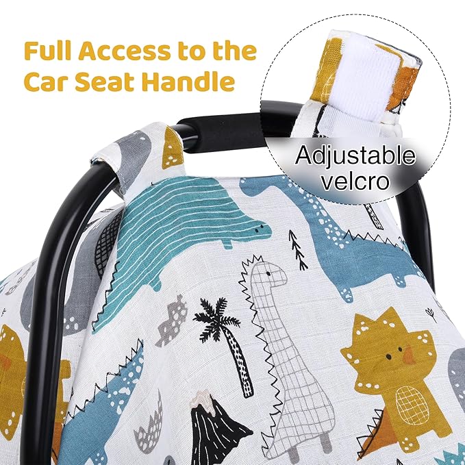 Rquite Dinosaurs Carseat Cover - Muslin Cotton Infant Car Seat Canopy, Breathable Baby Carrier Cover, Summer Stroller Sun Shade-BubblyBeeBaby