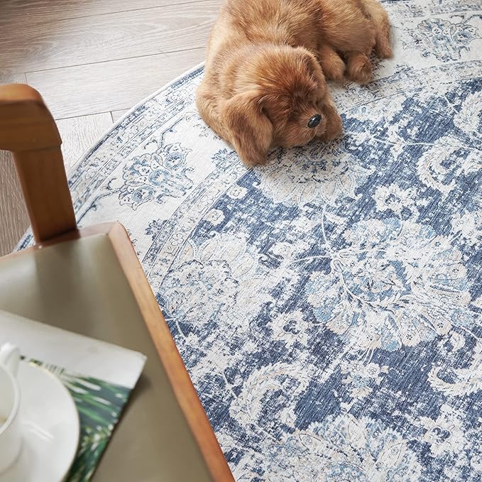 jinchan Round Rug 6ft Area Rugs Vintage Floral Distressed Design - Machine Washable Non-Slip Low-Pile Ultra-Thin Circle Rug for Entryway Bedside Living Room Dining Room Bedroom (6' Round,Dark Blue)-BubblyBeeBaby