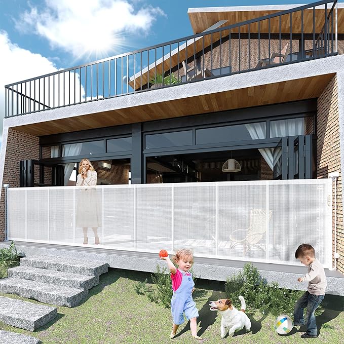 200" Retractable Baby Gates Extra Wide for Large Opening, 41" Extra Tall Retractable Dog Gate Pet Gates, Long Child Safety Mesh Gate with Fiberglass Rods for Stairs, Doorways, Hallways, Indoor/Outdoor-BubblyBeeBaby