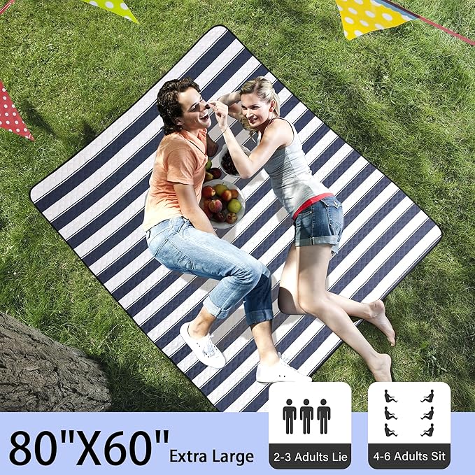 HX&OD Outdoor Picnic Blanket Extra Large, 80”x60” Waterproof Picnic Mat Foldable Camping Blanket Portable with Carry Strap for Beach Mat (Bule)-BubblyBeeBaby