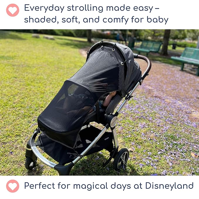 Stroller Sun Shade - Universal UV Protection Cover for Strollers Sunshade with See Through, Clip-On Sun Blocker, Sun Shield for Baby, Breathable Adjustable Fit, Full Coverage, L Black-BubblyBeeBaby