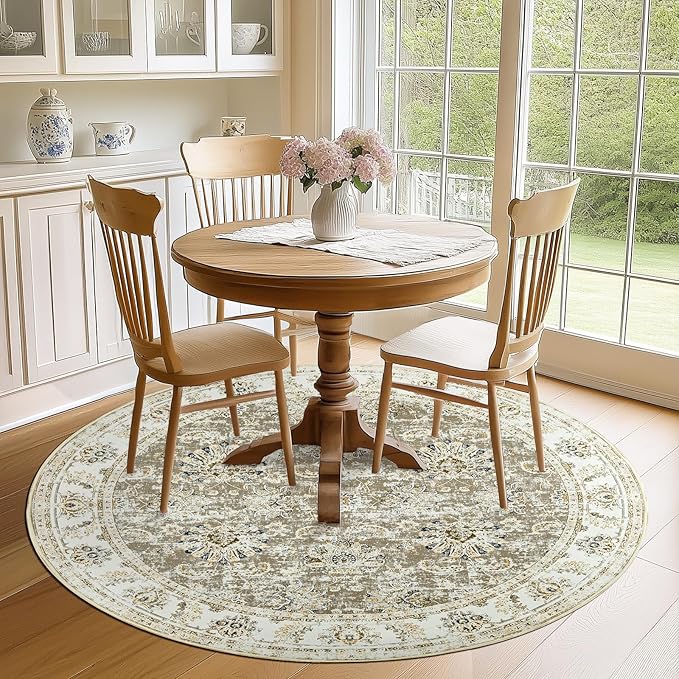 jinchan Round Rug 6ft Area Rugs Vintage Floral Distressed Design - Machine Washable Non-Slip Low-Pile Ultra-Thin Circle Rug for Entryway Bedside Living Room Dining Room Bedroom (6' Round,Taupe)-BubblyBeeBaby