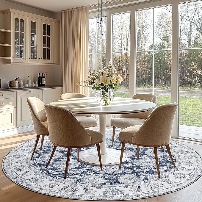 jinchan Round Rug 8ft Area Rugs Vintage Floral Distressed Design Machine Washable Non-Slip Low-Pile Ultra-Thin Circle Rug for Living Room Dining Room Bedroom Home Office Farmhouse (8' Round,Dark Blue)-BubblyBeeBaby