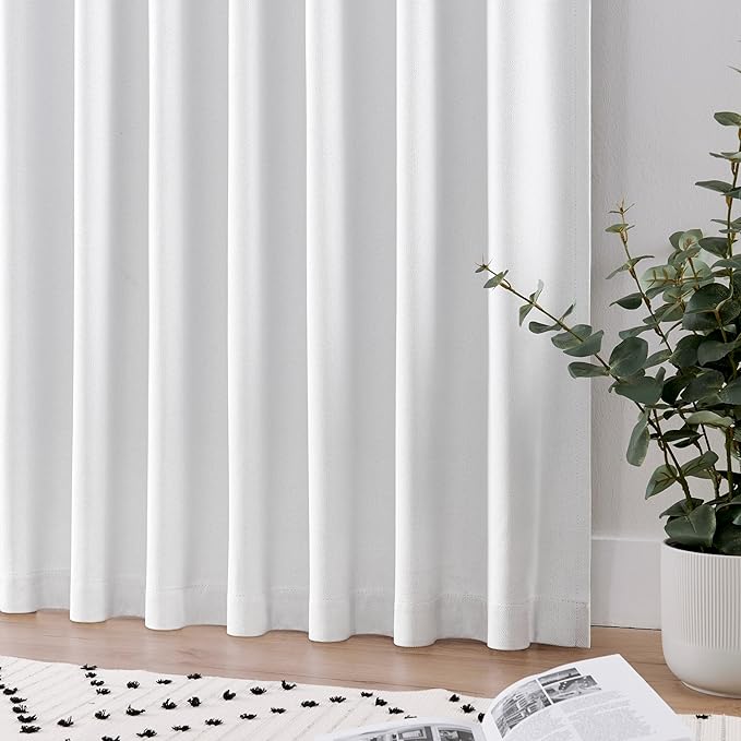Joydeco Faux Linen Blackout Curtains for Bedroom,White Blackout Curtains 108 inches Long,100% Blackout Solid Thermal Insulated Window Drapes Luxury Decor for Living Room（W52xL108 Inch,White）-BubblyBeeBaby