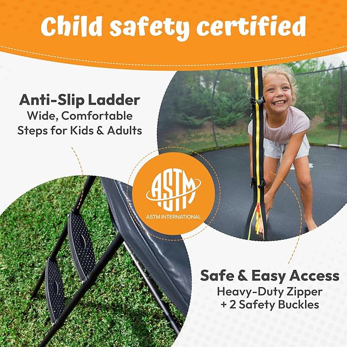 JUMPZYLLA Trampoline Outdoor 8FT 10FT 12FT 14FT 15FT 16FT with Enclosure and Ladder, ASTM Approved Recreational Trampoline for Kids and Adults, Anti-Rust Coated Frame-BubblyBeeBaby