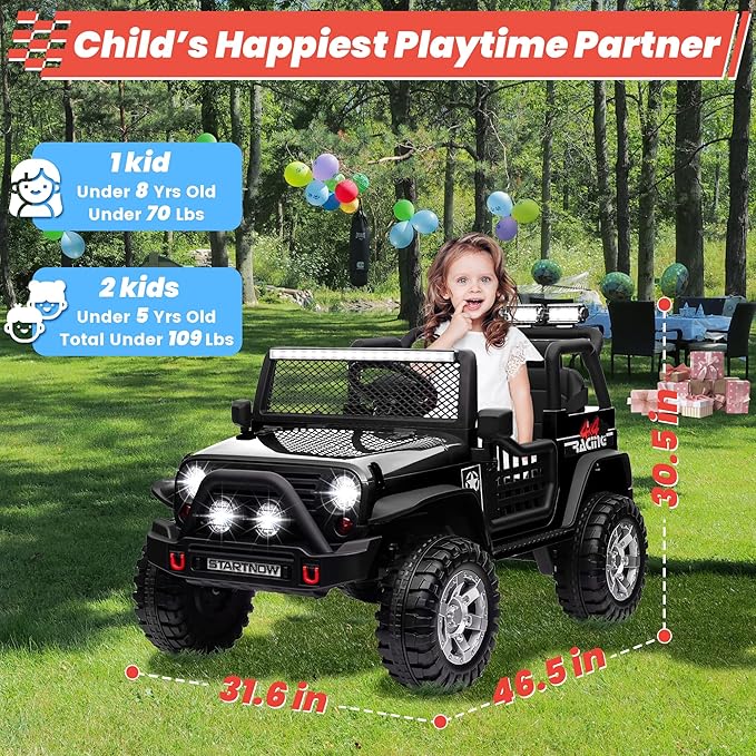 24V 4WD Ride on Truck Car w/800W Motors, Gift Flower, Remote Control, 2 Seaters, Light Bar, 3 Speeds, Pop Music, Power Four Wheels, 24 Volt Ride on Toy Car for Big Kids, Black-BubblyBeeBaby