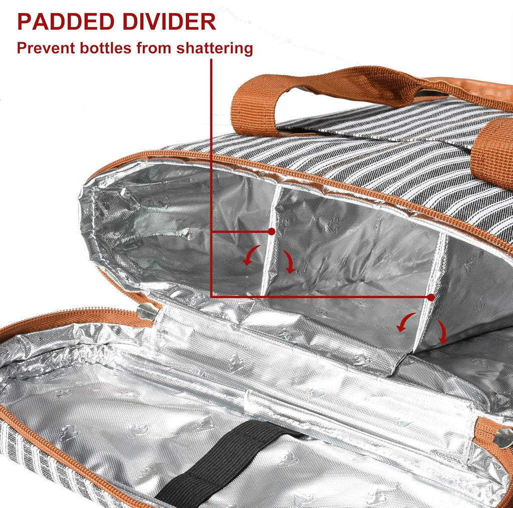 Tirrinia Insulated Wine Gift carrier - 3 Bottle Travel Padded Wine Carry Cooler Tote Bag with Handle and Adjustable Shoulder Strap, Black Stripe