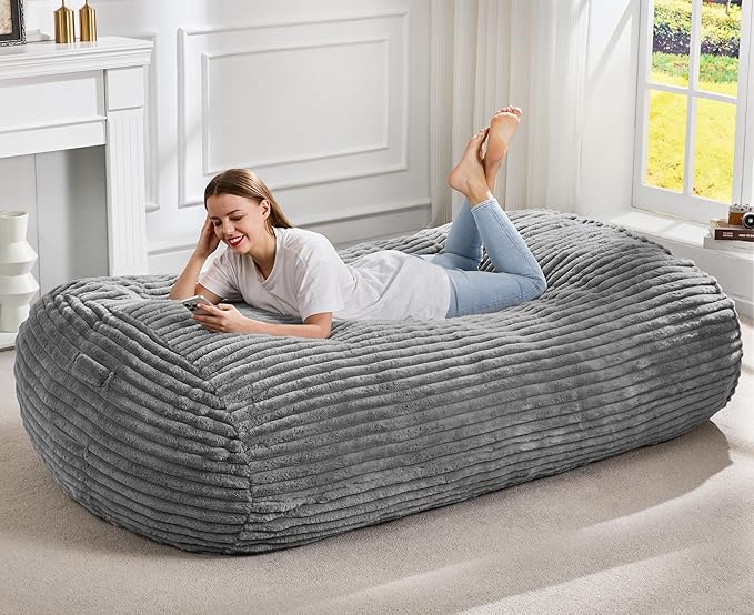 Hobestluk 6FT Bean Bag Chairs Adult Bean Bag with Portable Handle Comfy Large Bean Bag Lounge Chair with Removable Cover for Living Room Bedroom (Stripe Grey, 6FT)-BubblyBeeBaby