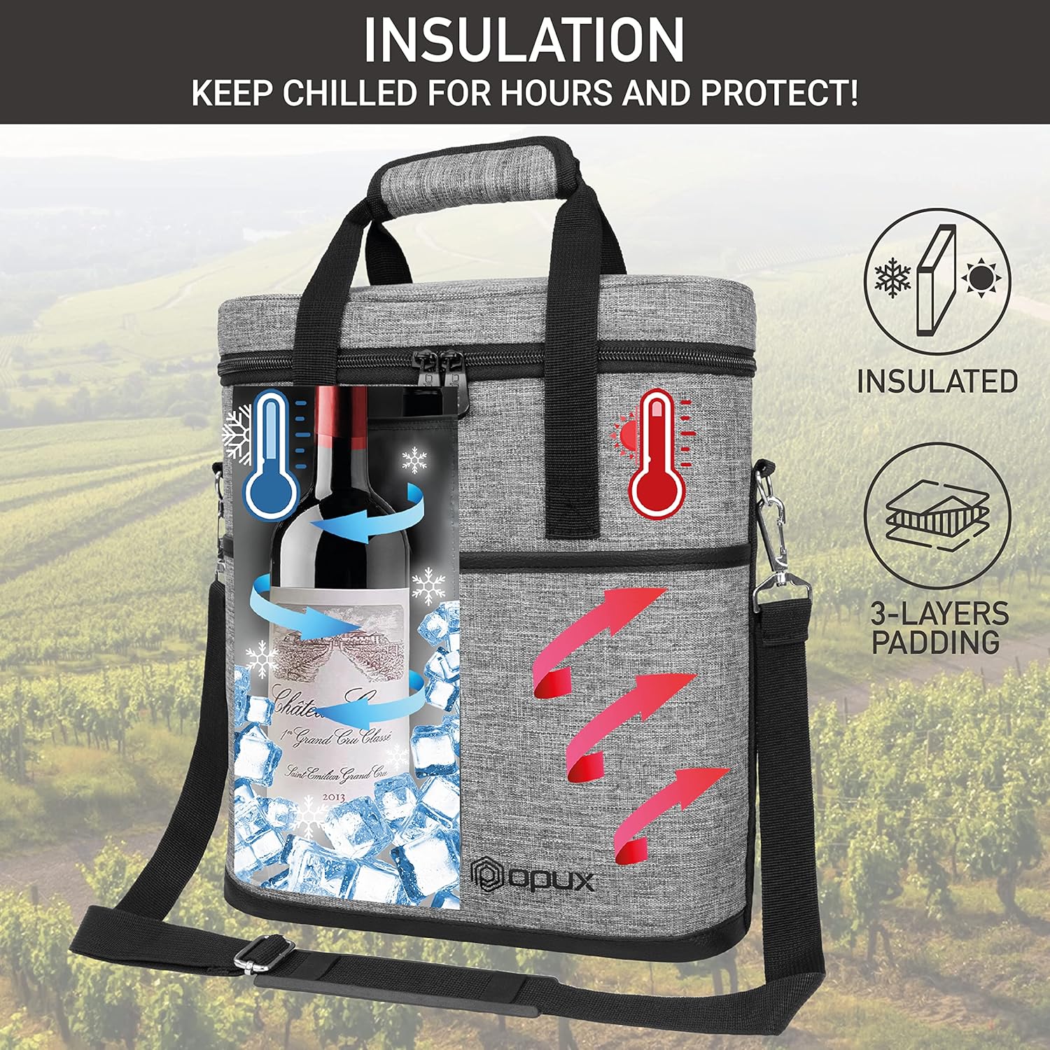 OPUX 3 Bottle Insulated Leakproof Wine Cooler Bag, Portable Wine Bottle Carrying Case - Grey