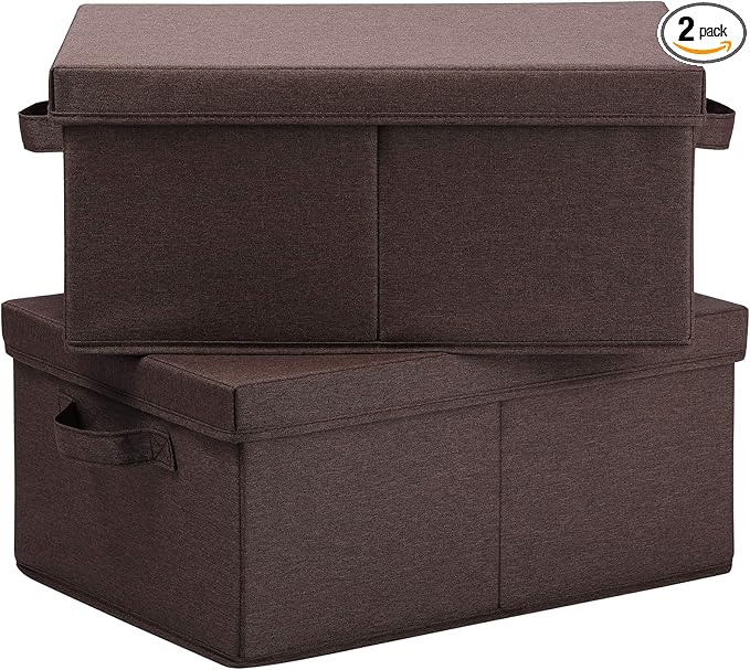 HOONEX Linen Foldable Storage Bins with Lids, 2 Pack, Storage Boxes with Carrying Handles and Sturdy Heavy Cardboard, 16.5" L x 11.8" W x 7.5" H for Shoes, Clothes, Brown-BubblyBeeBaby