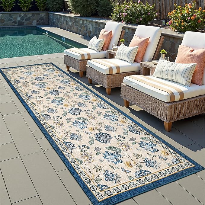 jinchan 3x8 Floral Runner Rug for Hallway Washable Kitchen Runner Vintage Romance Design Non Slip Thin Indoor Floor Cover Low-Profile Throw Carpet for Entryway Bathroom Bedroom Porch, Blue/Beige-BubblyBeeBaby