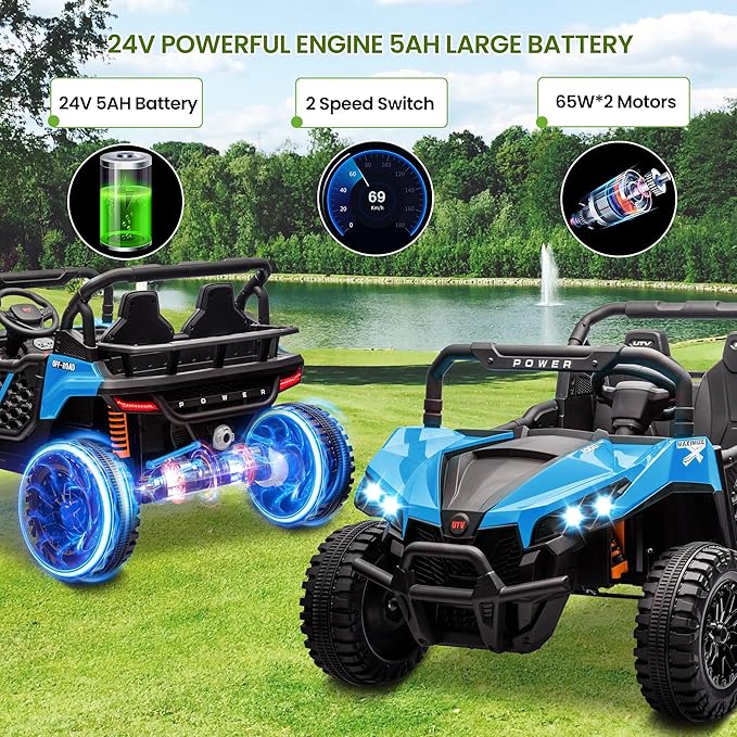 24V 2 Seater Ride On Car Truck, Power Wheels Kids UTV w/Parent Remote Control, 3.1 MPH Max Speed, Music Player, LED Lights & Storage, Electric Vehicle Ride On Toy for Kids Toddler Ages 3-8, Blue-BubblyBeeBaby