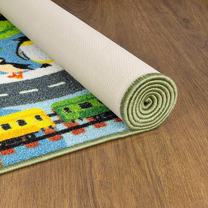 KC Cubs 3x5 Animal Safari Toy Car Road Rug – Educational Play Mat Carpet for Kids, Toddlers, Nursery, Classroom, Playroom, Baby Daycare, Boys & Girls-BubblyBeeBaby