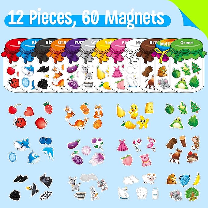 12 Pieces Magnetic Color Sorting Toys, 60 Color Magnets Educational Refrigerator Whiteboard for Baby Toddlers Kids Magnets-BubblyBeeBaby