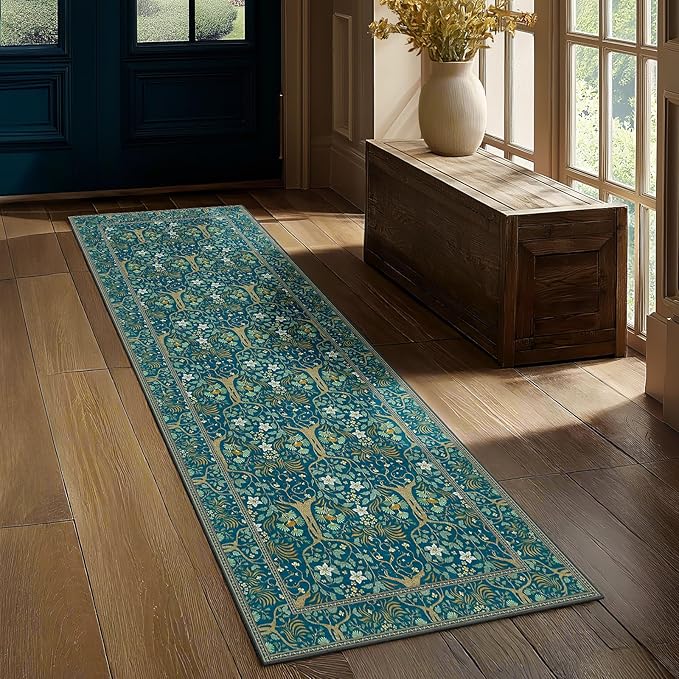 Joydeco Washable 2x6 Rug Runners for Hallways Non Slip, Boho Floral Bathroom Rug Runner, Soft Botanical Forest Indoor Floor Throw Carpet for Kitchen Laundry Room Entryway, Dark Blue-BubblyBeeBaby