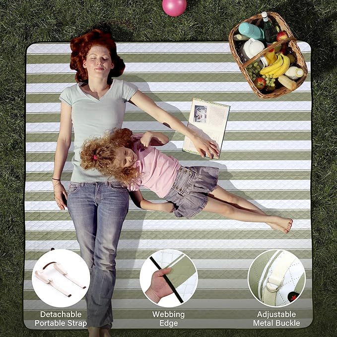 HX&OD Outdoor Picnic Blanket Extra Large, 80”x80” Waterproof Picnic Mat Foldable Camping Blanket Portable with Carry Strap for Beach Mat (Green)-BubblyBeeBaby