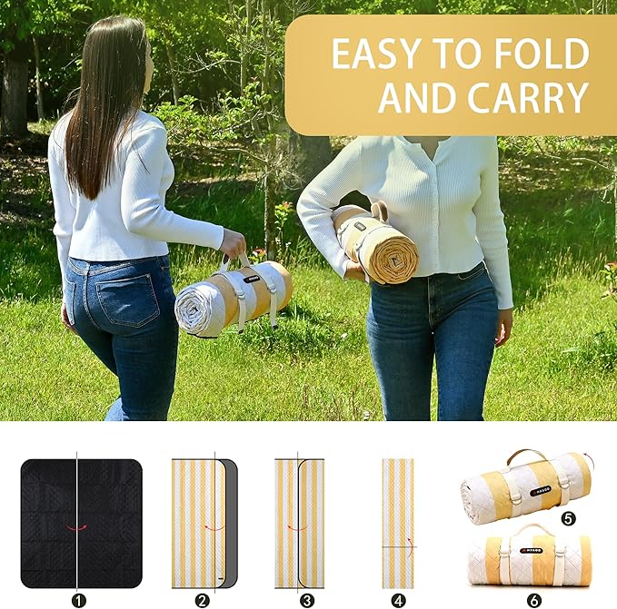 HX&OD Outdoor Picnic Blanket Extra Large, 80''*60'' Waterproof Picnic Mat with Stakes Foldable Camping Blanket Portable with Carry Strap for Beach Mat (Green& White, 80''*60'')-BubblyBeeBaby