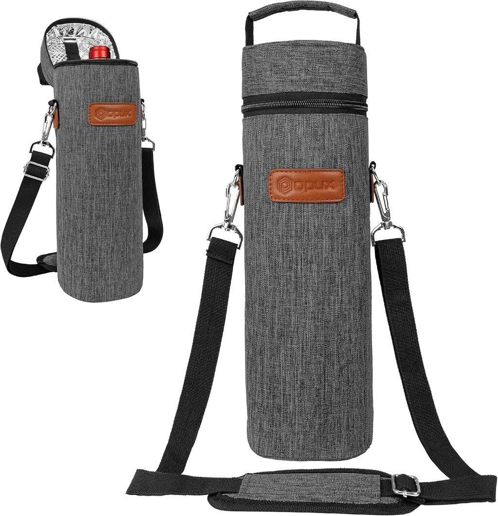 opux Wine Bag Single Bottle Carrier Tote, Insulated Wine Cooler Bag for Travel Picnic Beach with Shoulder Strap, Thermal One Bottle Holder Carrying Case Wine Gift for Women Men, Charcoal Gray