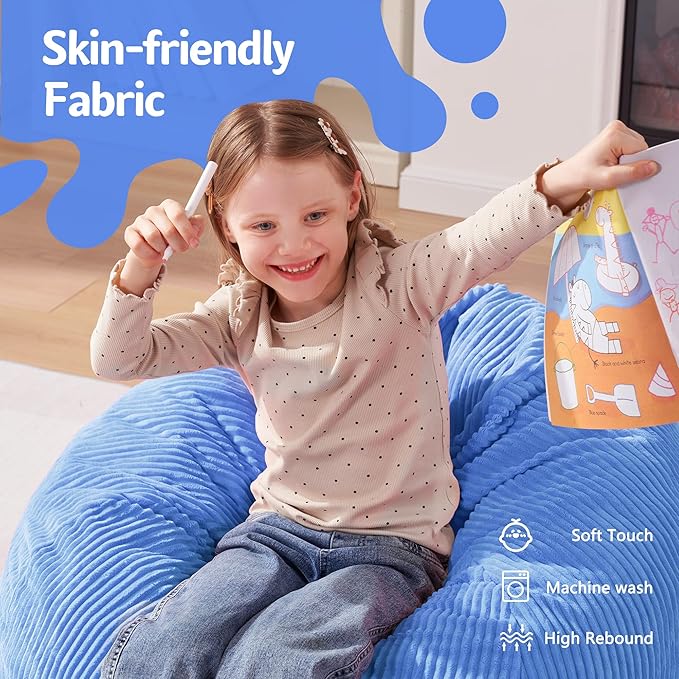 Homguava 2FT Bean Bag Chair,Teardrop Bean Bags Small Beanbag Chair with Memory Foam Filled and Ultra Soft Corduroy Cover for Living Room, Bedroom (Small,Blue)-BubblyBeeBaby